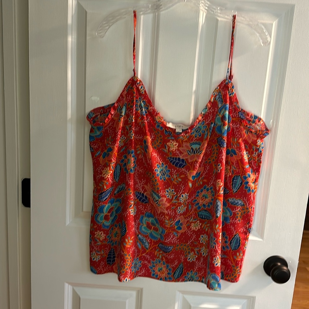 Loft Red flowered v-neck ruffled camisole